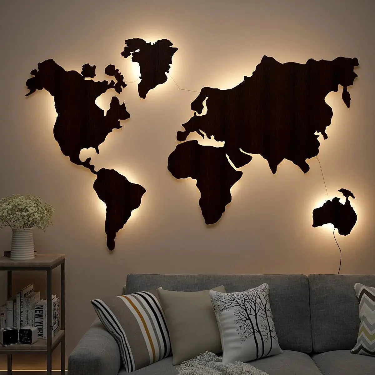World Map Backlit Wood Acrylic Wall Décor / Night Light, Walnut Finish